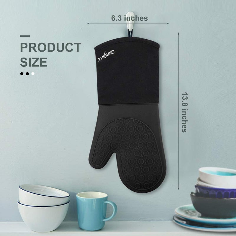 sungwoo Silicone Oven Mitts, Heat Resistant Oven Gloves with Quilted Liner Non-Slip Textured Grip Perfect for BBQ, Baking, Cooking and Grilling - 1 Pair 13.8 Inch Black - Image 5